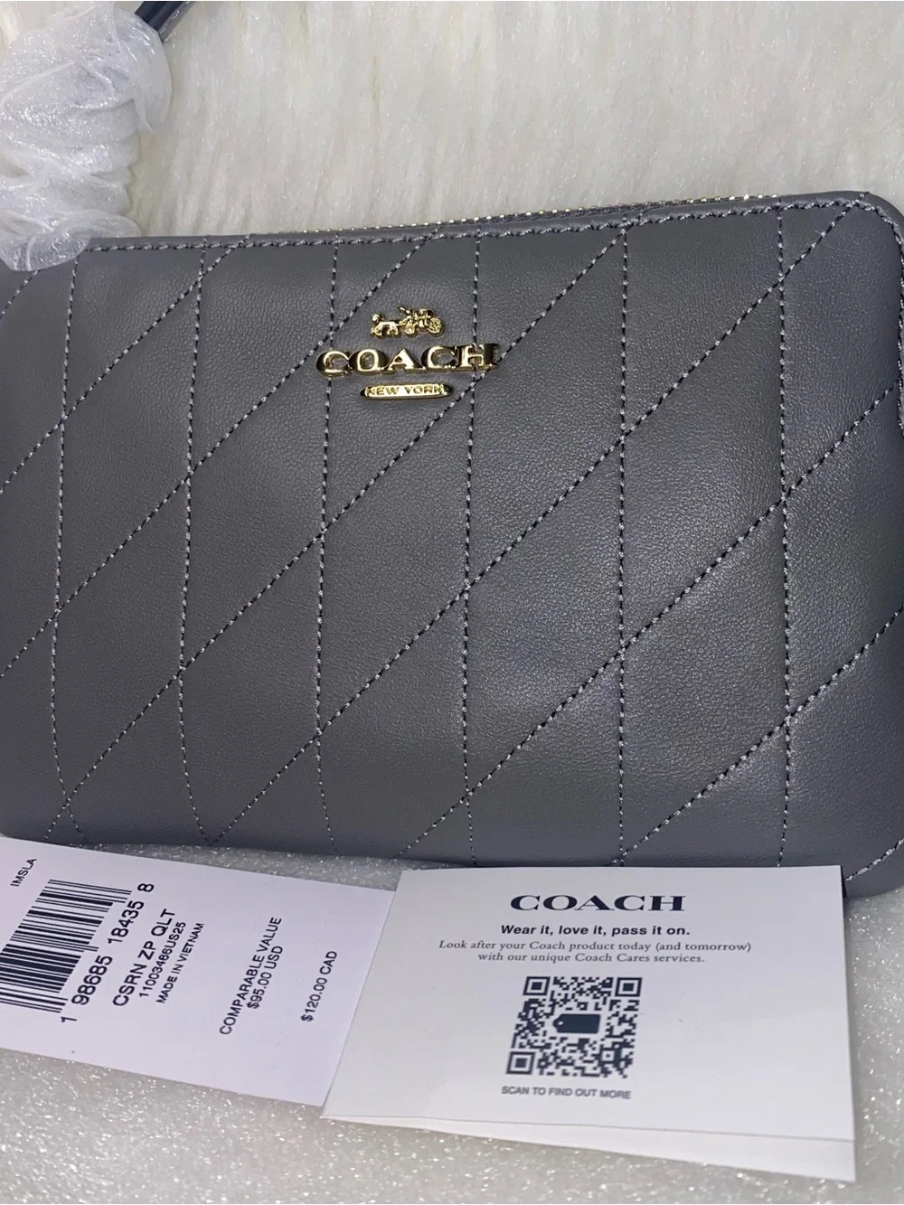 Coach Corner Zip Wristlet With Quilting Slate color New with tags